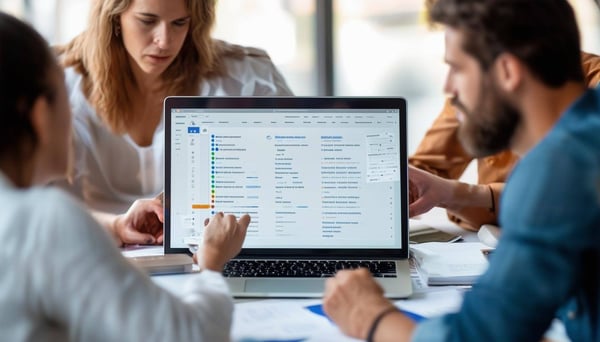 Photo of a team collaborating over project management tools or a todo list on a laptop screen